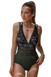 Army Green Camo Patchwork Deep V Neck One-Piece Swimsuit