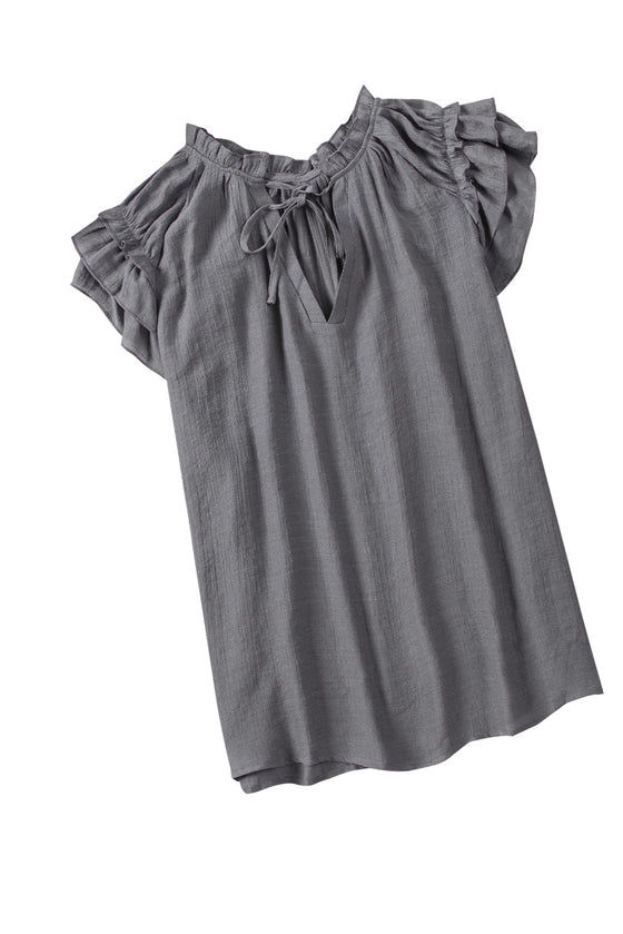 Gray V Neck Tiered Ruffle Sleeve Top | Available in 2 Colors