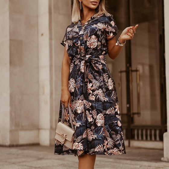 Palm Leaf Print Short-sleeved Dress