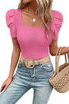 Black Scoop Neck Waffle Knit Puff Sleeve Top | Available in Pink