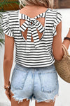 White Stripe V Neck Knotted Backless Ruffle T Shirt