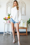 White Smocked Casual Textured Bishop Sleeve Blouse