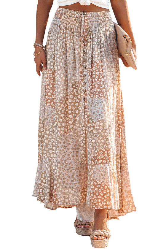 Peach Colored Boho Flower Print Smocked Waist Button Slit Maxi Skirt