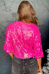 Bright Pink Sequins Round Neck Half Sleeve Top