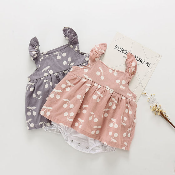 Infant Baby Girl Dress and Hat in Cherry Pattern | Available in Pink or Gray