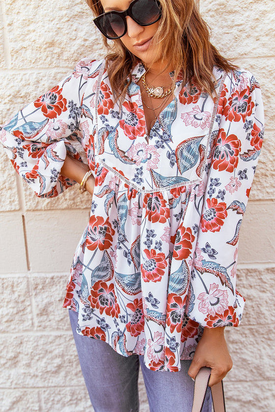 Floral Print Split V Neck Puff Sleeve Tunic Top