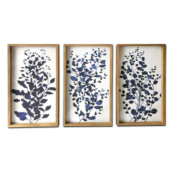 Set Of Three Blue Branches Framed Canvas Wall Art