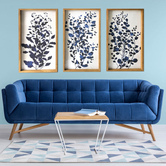 Set Of Three Blue Branches Framed Canvas Wall Art