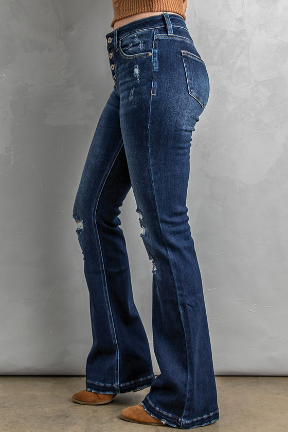 Dark Blue Distressed Flare Bootcut Jeans