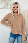 Gray V Neck Collared Retro Waffle Long Sleeve Top | Other Colors Available