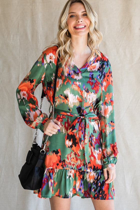 Abstract Print Waist Belted Long Sleeve Dress | Other Colors Available