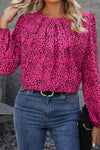 Pink and Black Leopard Long Sleeve Pleated Blouse