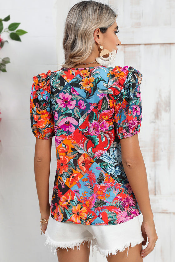 Tropical Floral V Neck Ruffle Blouse