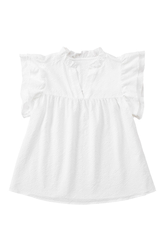 Black Basic Textured V Neck Tiered Ruffle Sleeve Blouse | Available in White