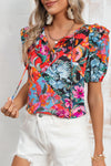 Tropical Floral V Neck Ruffle Blouse