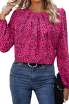 Pink and Black Leopard Long Sleeve Pleated Blouse