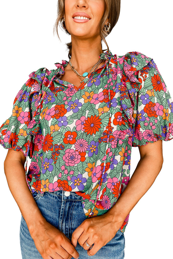 Red Boho Floral Puff Sleeve Blouse