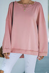 Pink Casual Frayed Trim Side Slit Loose Sweatshirt