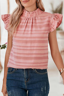  Coral Paradise Textured Striped Frill Neck Knot Ruffle Top