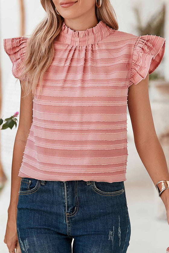 Coral Paradise Textured Striped Frill Neck Knot Ruffle Top