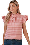 Coral Paradise Textured Striped Frill Neck Knot Ruffle Top