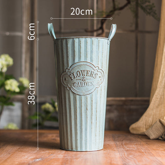 Vintage Light Blue Tin Flower Bucket