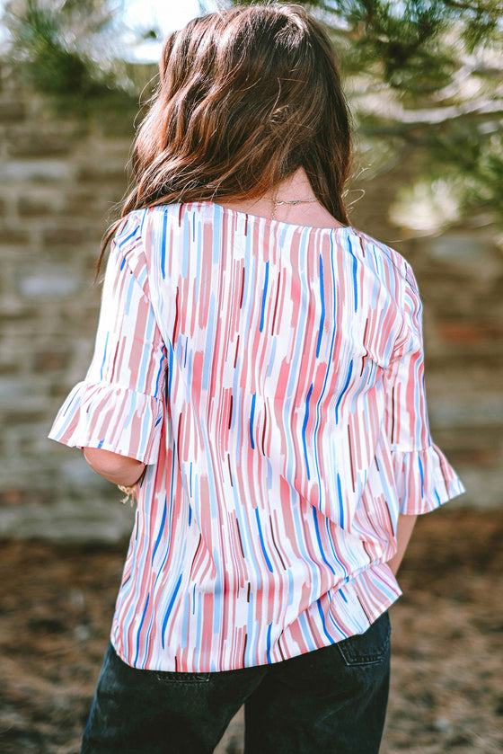 White Striped Abstract Print Ruffle Half Sleeve Blouse