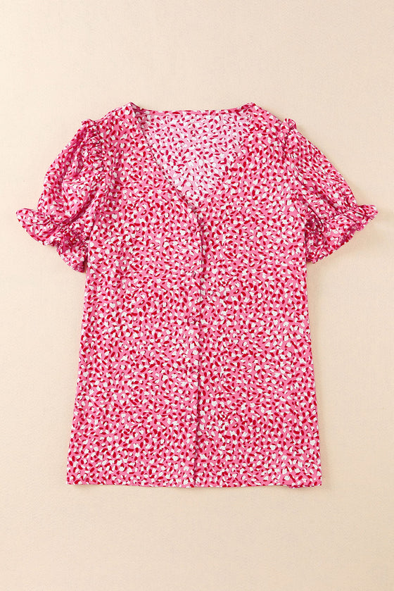 Pink Abstract Print V-Neck Blouse