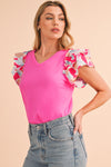 Bonbon V Neck Ruffle Floral Sleeve T Shirt