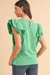 Green Solid Color Ruffle Sleeve Ribbed Blouse