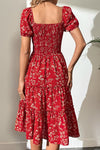 Red Boho Flower Smocked Midi Dress