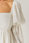 White Jacquard Square Neck Bubble Sleeve Dress