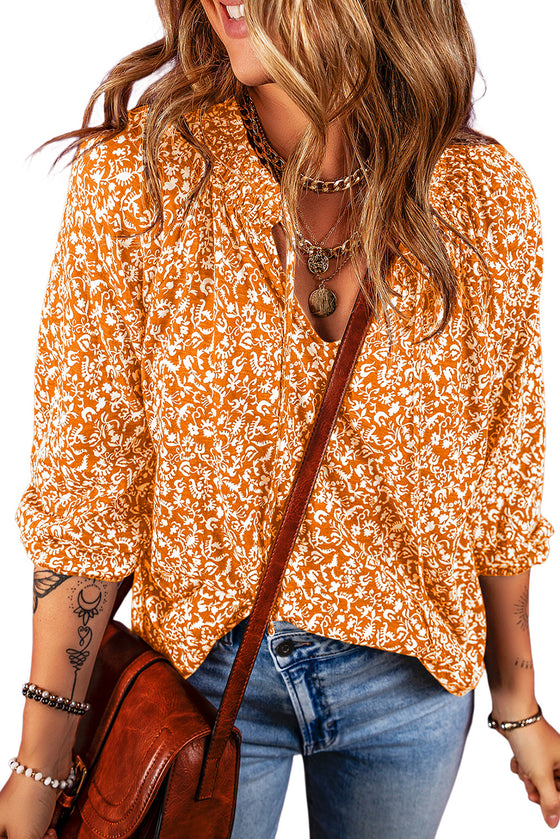 Orange Floral Print Frilled Tie Neck Blouse