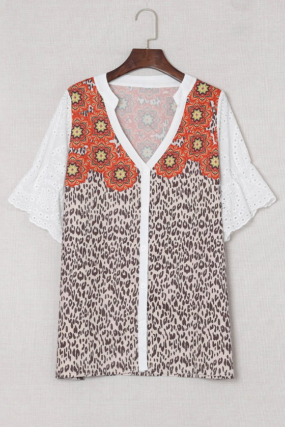 Leopard Mandala Print Patchwork Blouse