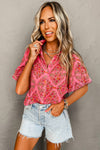 Rose Red Floral Print Short Sleeve Loose Shirt