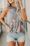 Floral Print Round Neck Casual White Tank Top