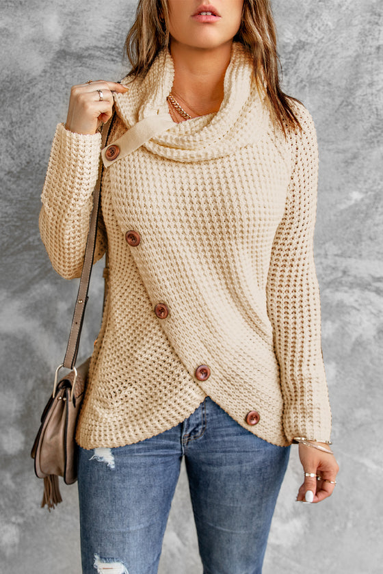 Beige Casual Knitted Buttons Front Cowl Neck Sweater | Other Colors Available