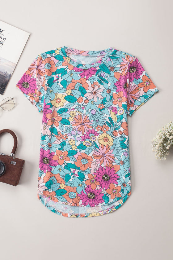 Multicolor Floral Print Asymmetric Hem T Shirt