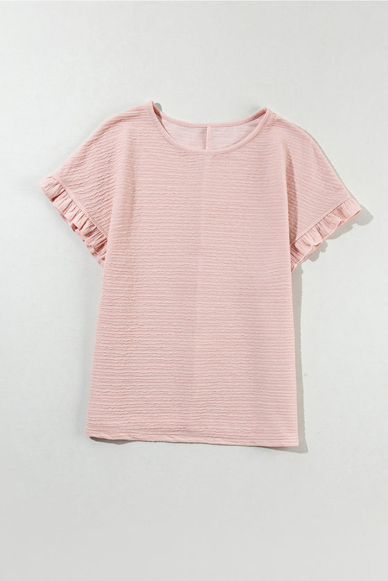 Light Pink Textured Frill Cuffs Short Sleeve Blouse