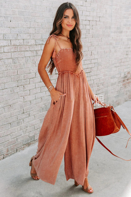 Orange Spaghetti Strap Shirred Wide Leg Jumpsuit