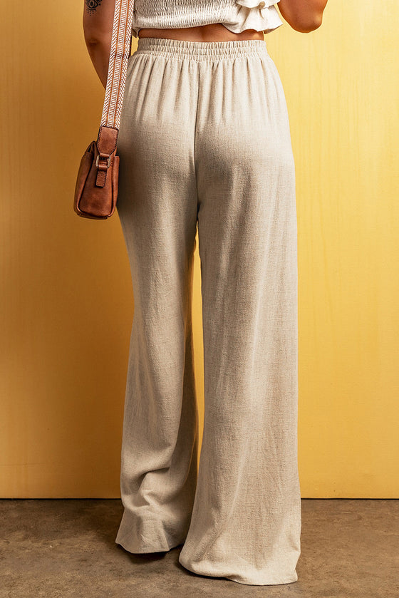 Apricot Casual Lace-up Waist Floor Length Wide Leg Pants