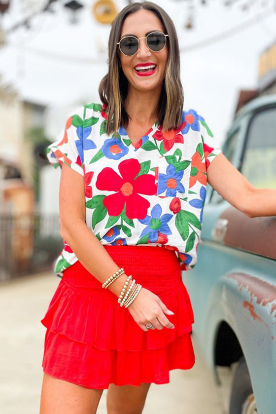 White Retro Floral Print Chest Pocket V Neck Blouse