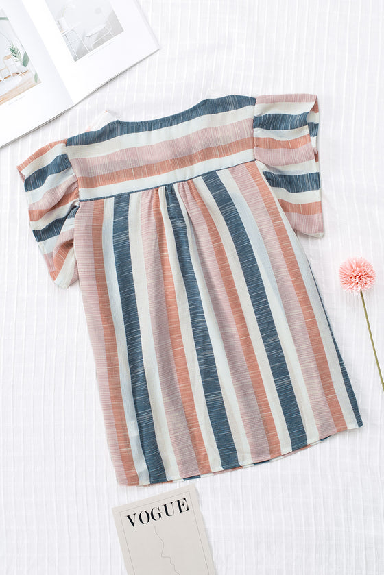 Pink and Blue Stripes V Neck Blouse