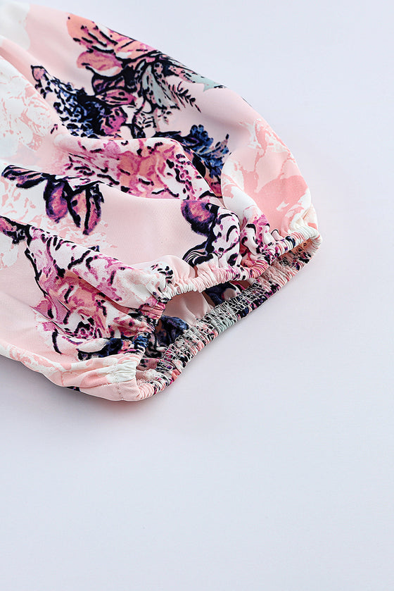 Pink Floral Print Wrap Puff Sleeve Dress