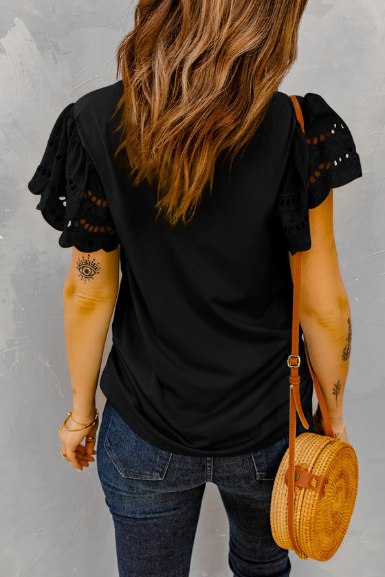 Black T-shirt with Crochet Lace Short Sleeves | Available in 2 Colors