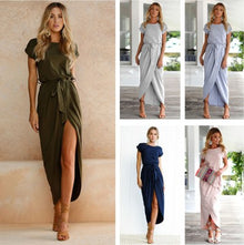  Long Tie-belted T-shirt Dress with Slit