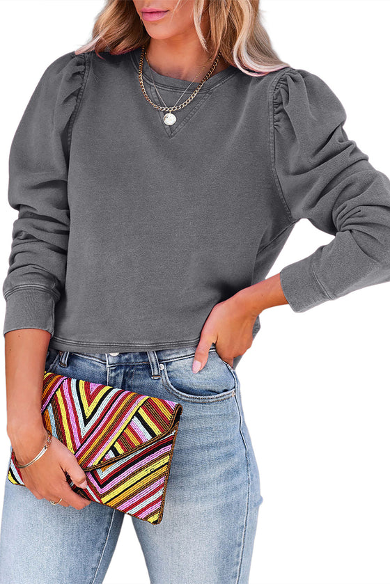 Pink Vintage Washed Puff Sleeve Sweatshirt | Also Available in Green