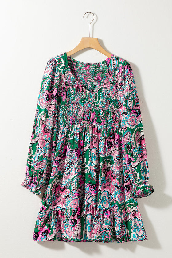 Pink Paisley Print Smocked Ruffle Hem Dress