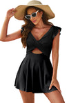 Black Cut Out Ruffle Crossed One Piece Swim Dress | Available in 2 Colors