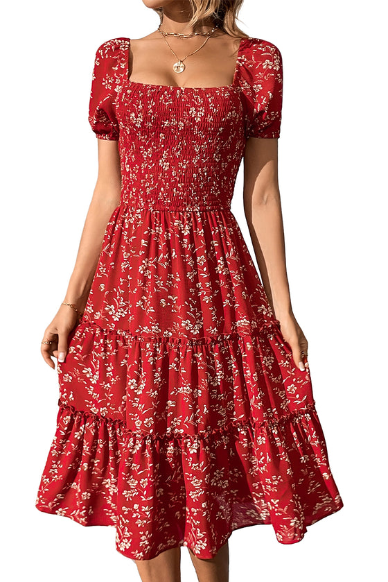 Red Boho Flower Smocked Midi Dress